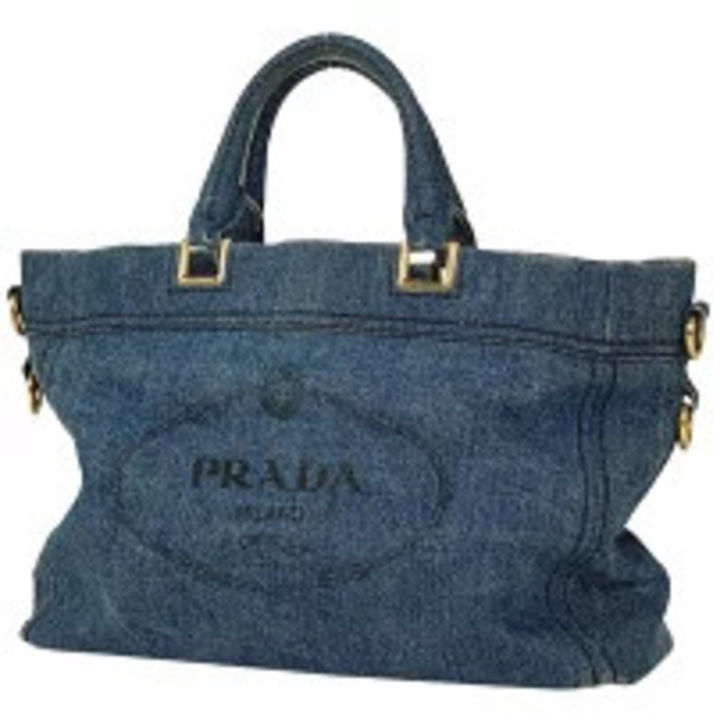 Prada Plate Tote Bag Shoulder Handbag Denim Blue